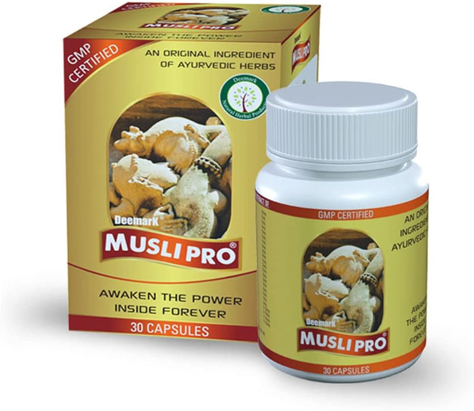 Ayurvedic Deemark Musli Pro Capsules - Boost Strength, Stamina, Power, Immunity, and Reduce Stress - 60 Count