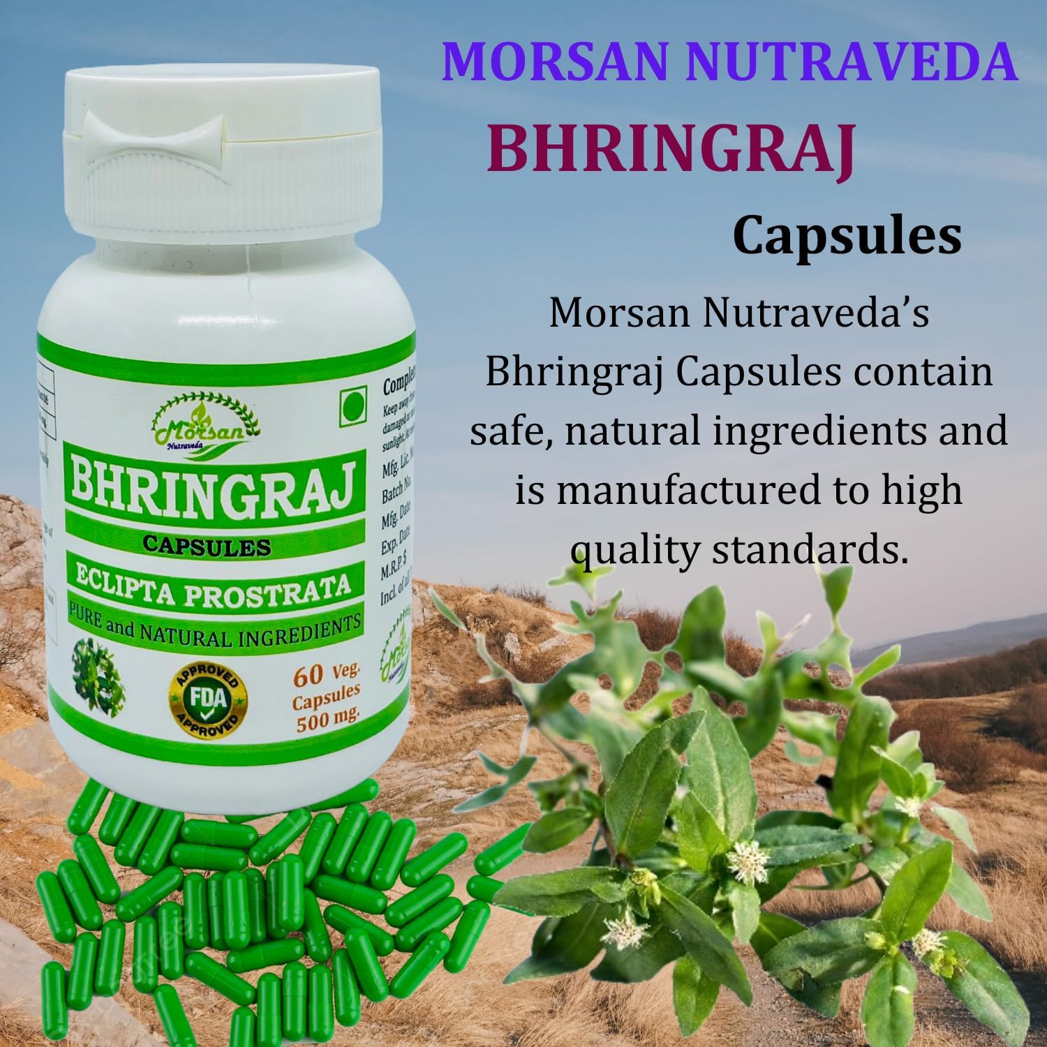 Ayurvedic Herbal Supplement Bhringraj Capsules for Men and Women - 500 mg Natural Eclipta Prostrata Extract - 60 Veggie Capsules x 2 Packs
