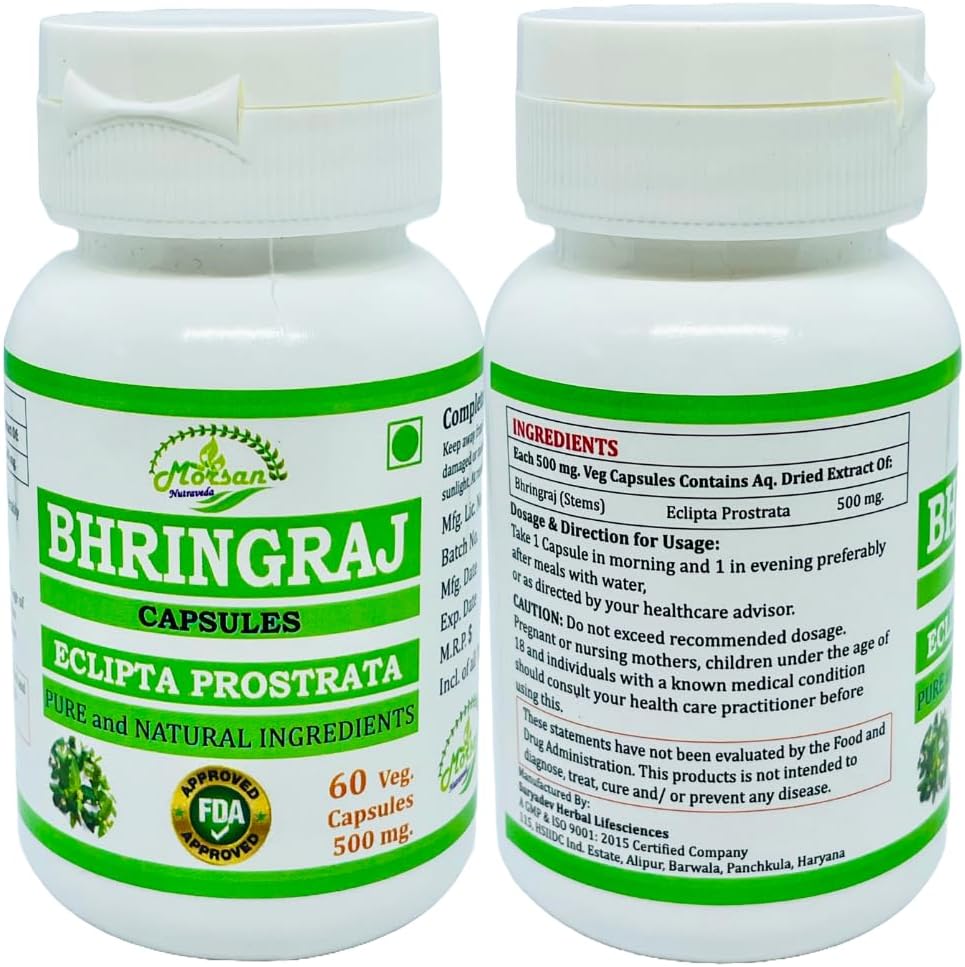 Ayurvedic Herbal Supplement Bhringraj Capsules for Men and Women - 500 mg Natural Eclipta Prostrata Extract - 60 Veggie Capsules x 2 Packs