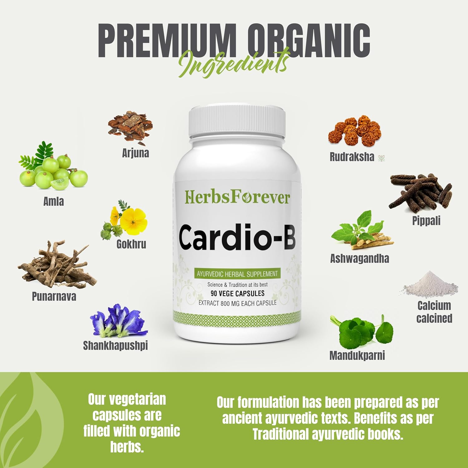 Ayurvedic Herbal Supplement for Heart Health - 90 Vege Capsules 800 Mg - Herbsforever Cardio-B