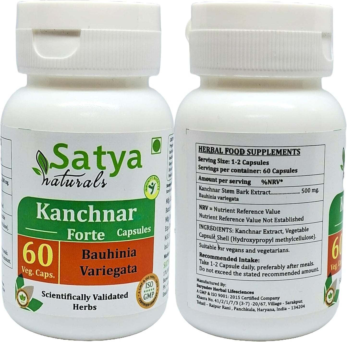 Ayurvedic Kanchnar Forte Capsules 500mg - Men & Women Herbal Supplement - 2 Bottles of 60 Veg Capsules - Satya Naturals
