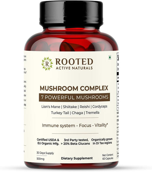 Ayurvedic Mushroom Complex Capsules - Lions Mane, Reishi, Cordyceps, Chaga, Turkey Tail, Shiitake, Tremella - 1000mg (60 Caps)