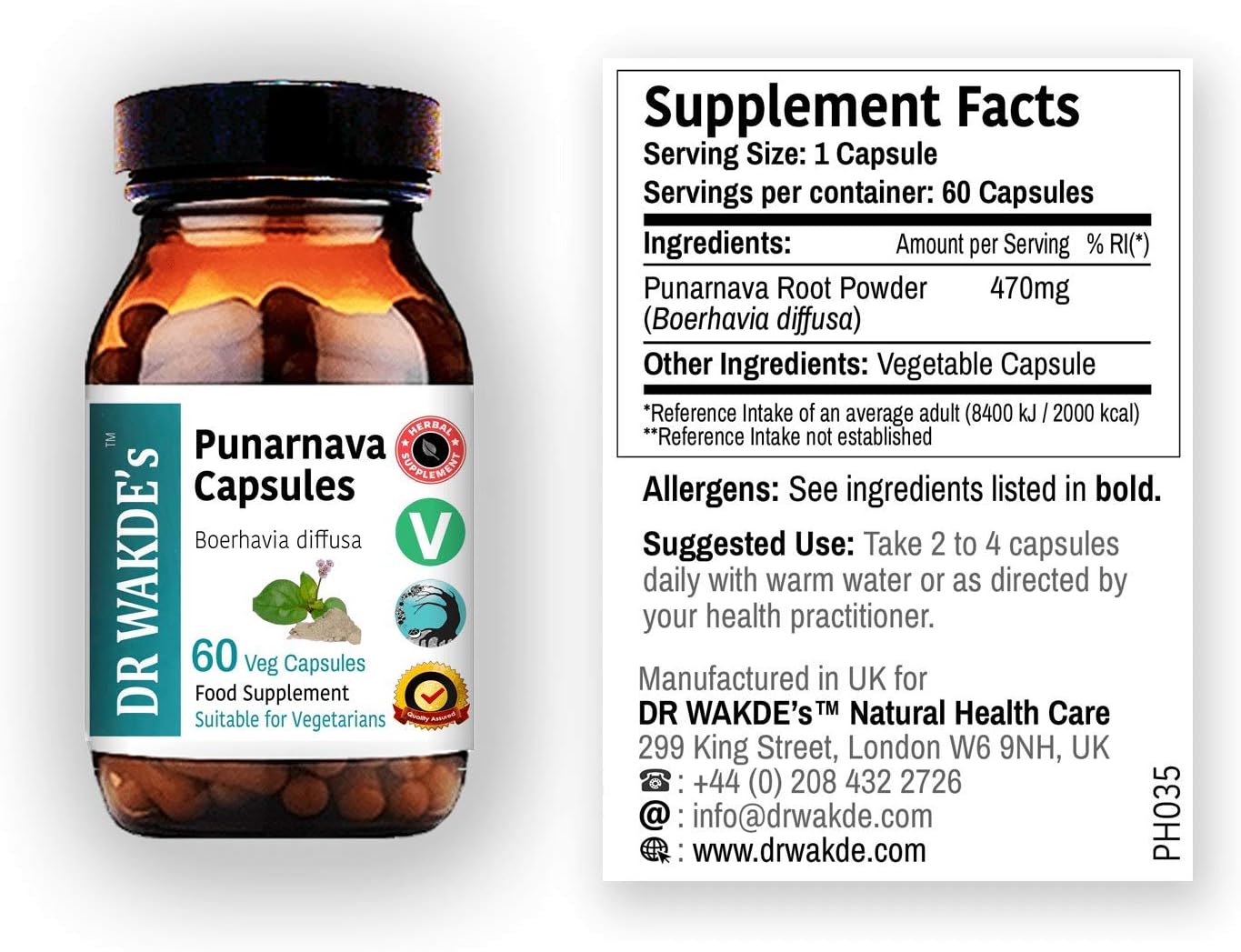 Ayurvedic Punarnava Capsules - 60 Veg Caps, Boerhavia Diffusa Supplement, Plant-Based & Vegan Formula