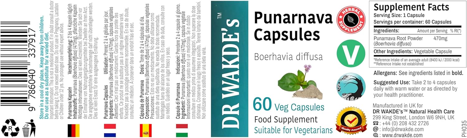 Ayurvedic Punarnava Capsules - 60 Veg Caps, Boerhavia Diffusa Supplement, Plant-Based & Vegan Formula