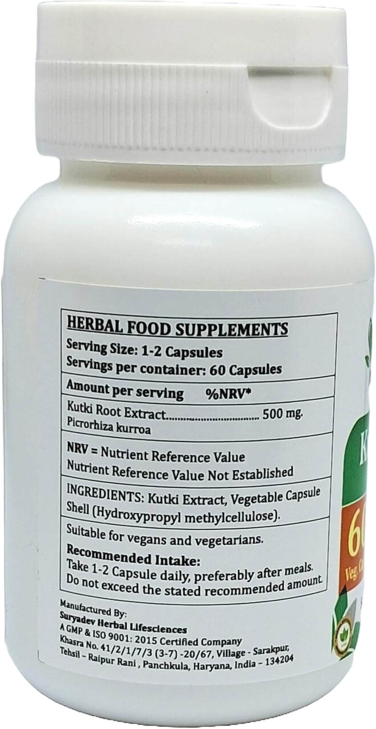 Ayurvedic Satya Naturals Kutki Forte Capsules 500mg - 60 Capsules | Picrorhiza Kurroa Extract | Herbal Supplement for Men and Women | 10:1 Strength | 1 Bottle