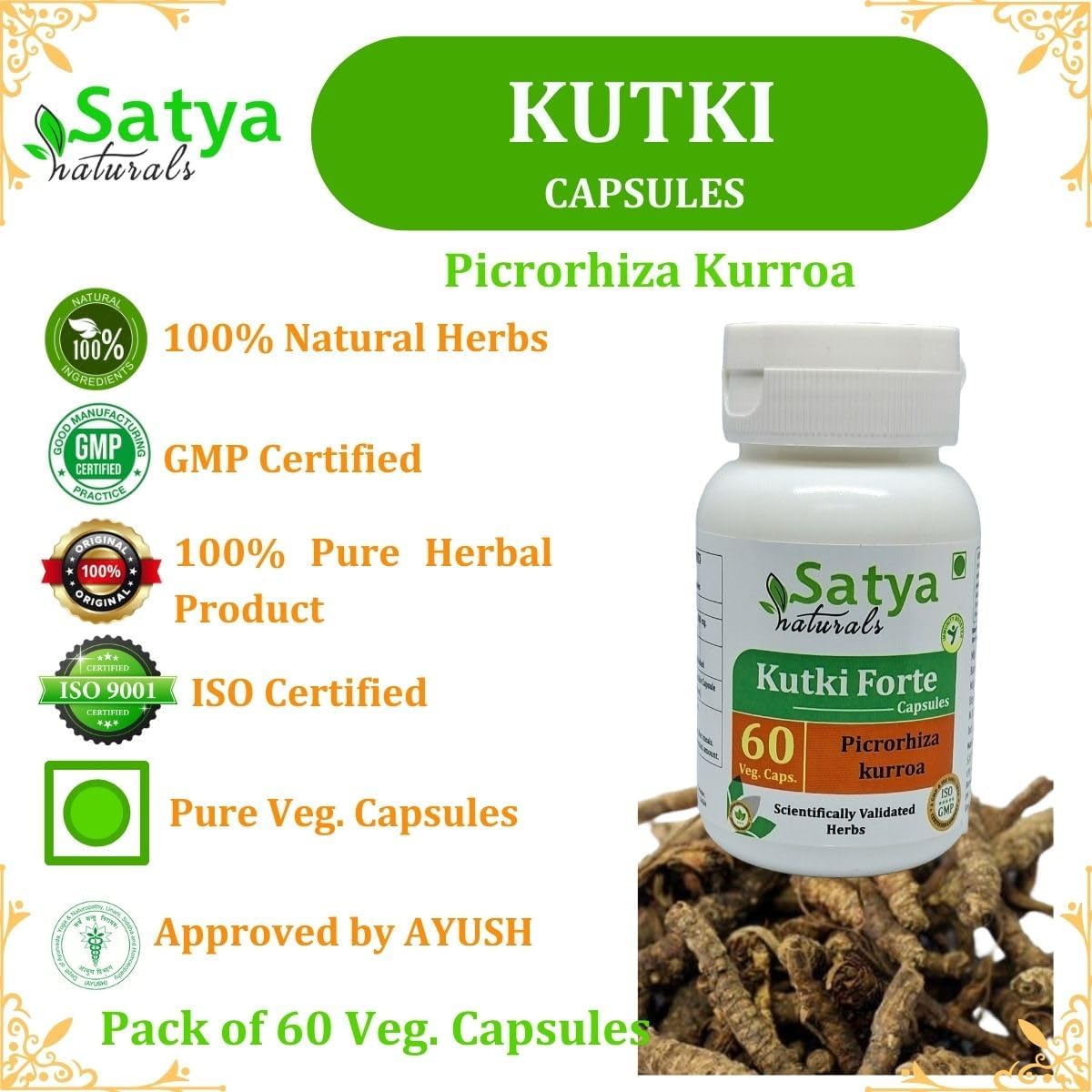Ayurvedic Satya Naturals Kutki Forte Capsules 500mg - 60 Capsules | Picrorhiza Kurroa Extract | Herbal Supplement for Men and Women | 10:1 Strength | 1 Bottle