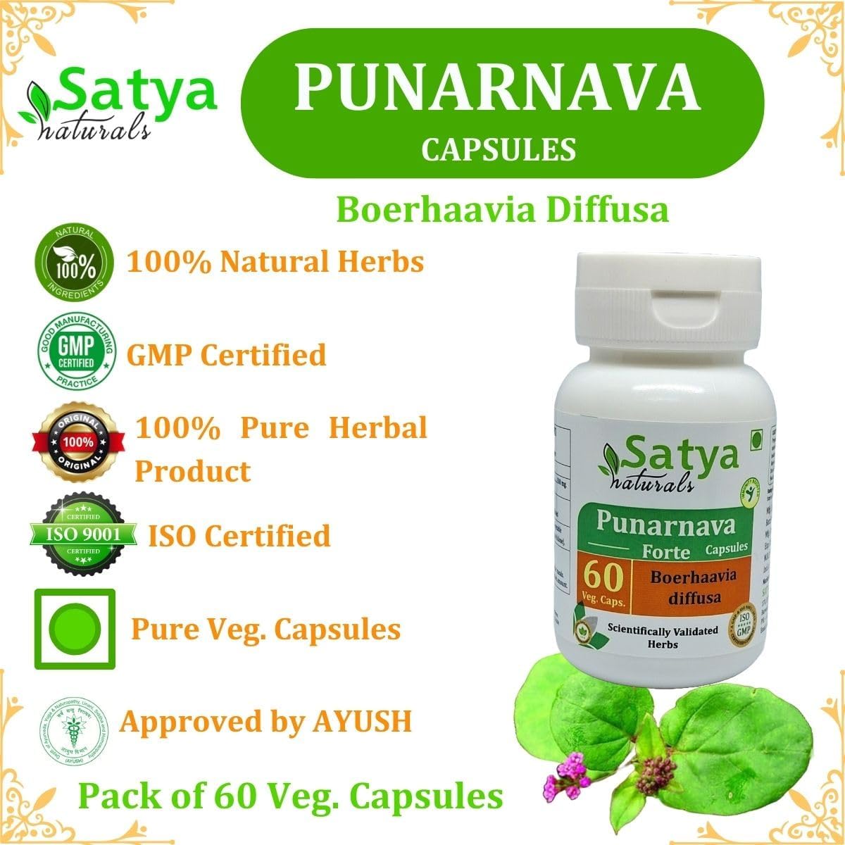 Ayurvedic Satya Naturals Punarnava Forte Capsules 500mg - 120 Capsules | Boerhavia Diffusa Extract for Men & Women | Herbal Supplement for Wellness & Remedies