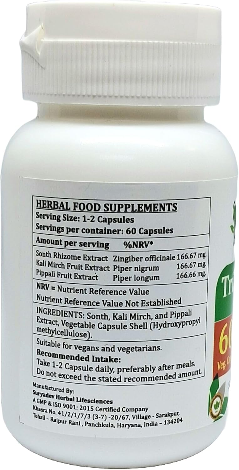 Ayurvedic Trikatu Forte Capsules 500mg for Men and Women | Satya Naturals Trikatu Extract Capsules | Herbal Supplement for Digestion | 60 Veg Capsules