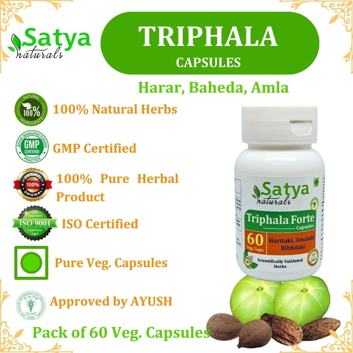Ayurvedic Triphala Forte Capsules 500mg - 120 Veg Caps | Amalaki, Haritaki, Bibhitaki Extracts for Men & Women | Herbal Remedy - 10:1 Forte