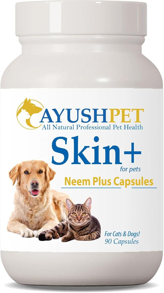 Ayush Herbs Ayush Pet Skin Plus Neem Supplement - Promotes Healthy Skin, Coat, Gut, and Immunity with 90 Capsules