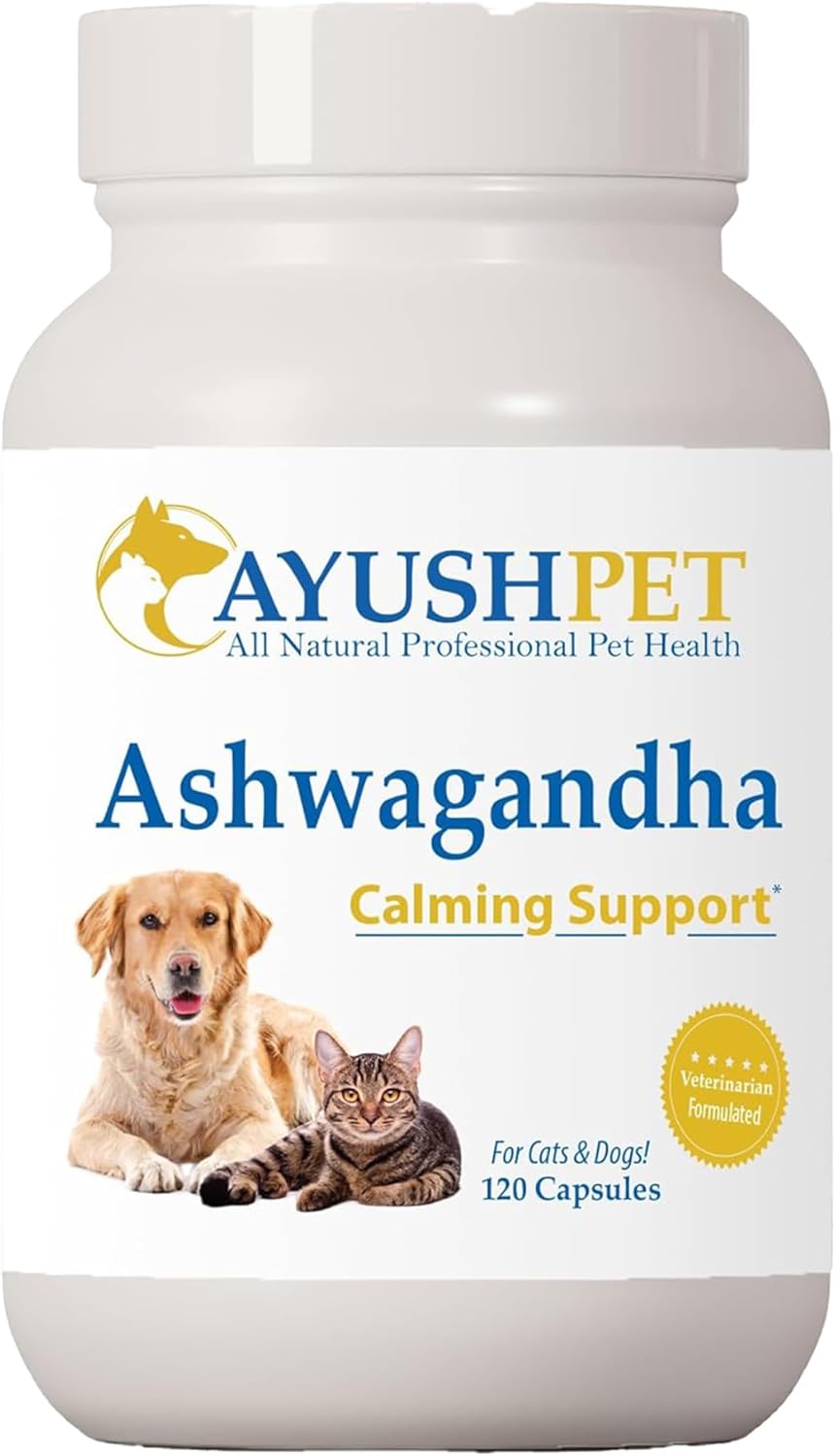 Ayush Herbs Pet Stress Support Capsules with Ashwagandha for Calming, Energy, and Vitality - 120 Count