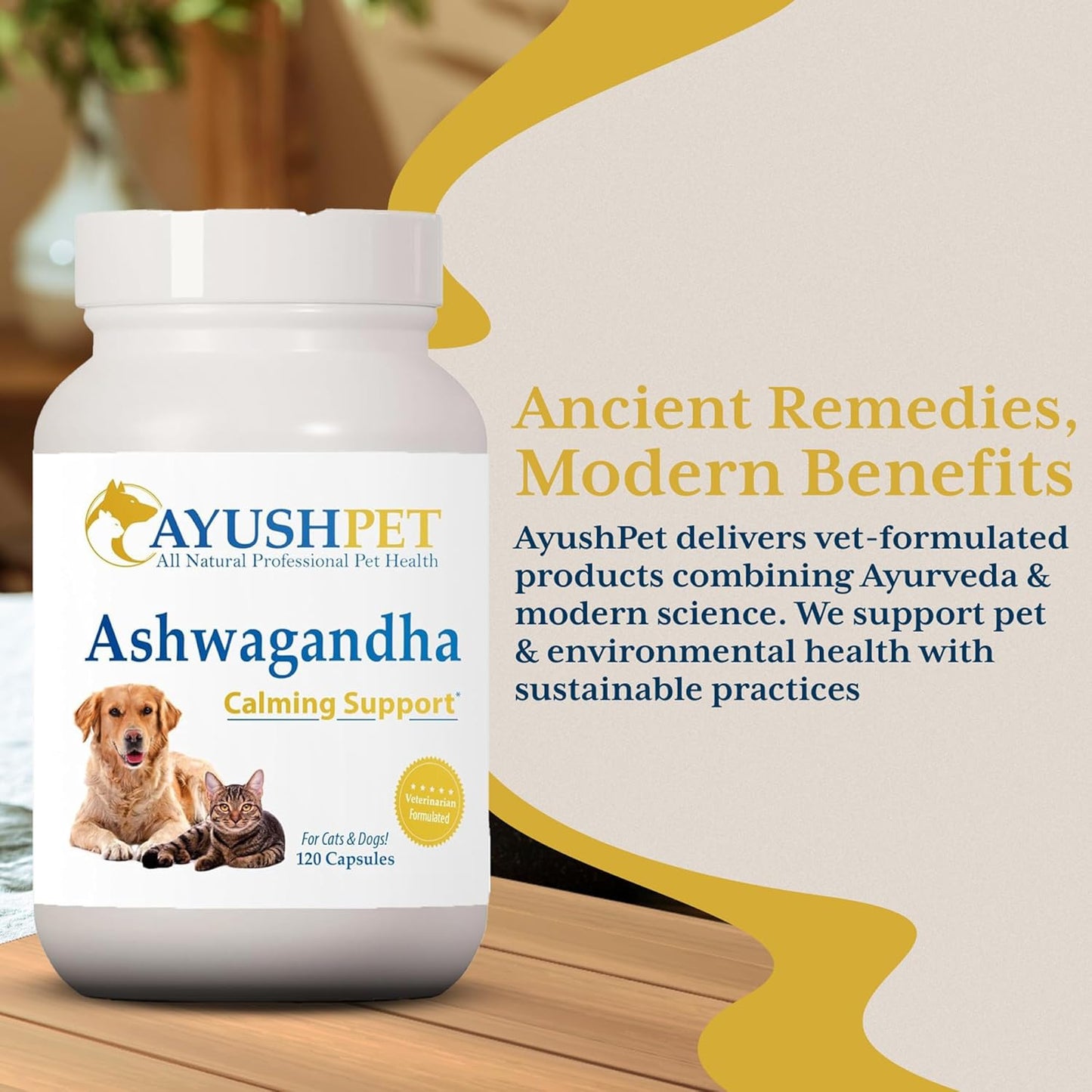 Ayush Herbs Pet Stress Support Capsules with Ashwagandha for Calming, Energy, and Vitality - 120 Count
