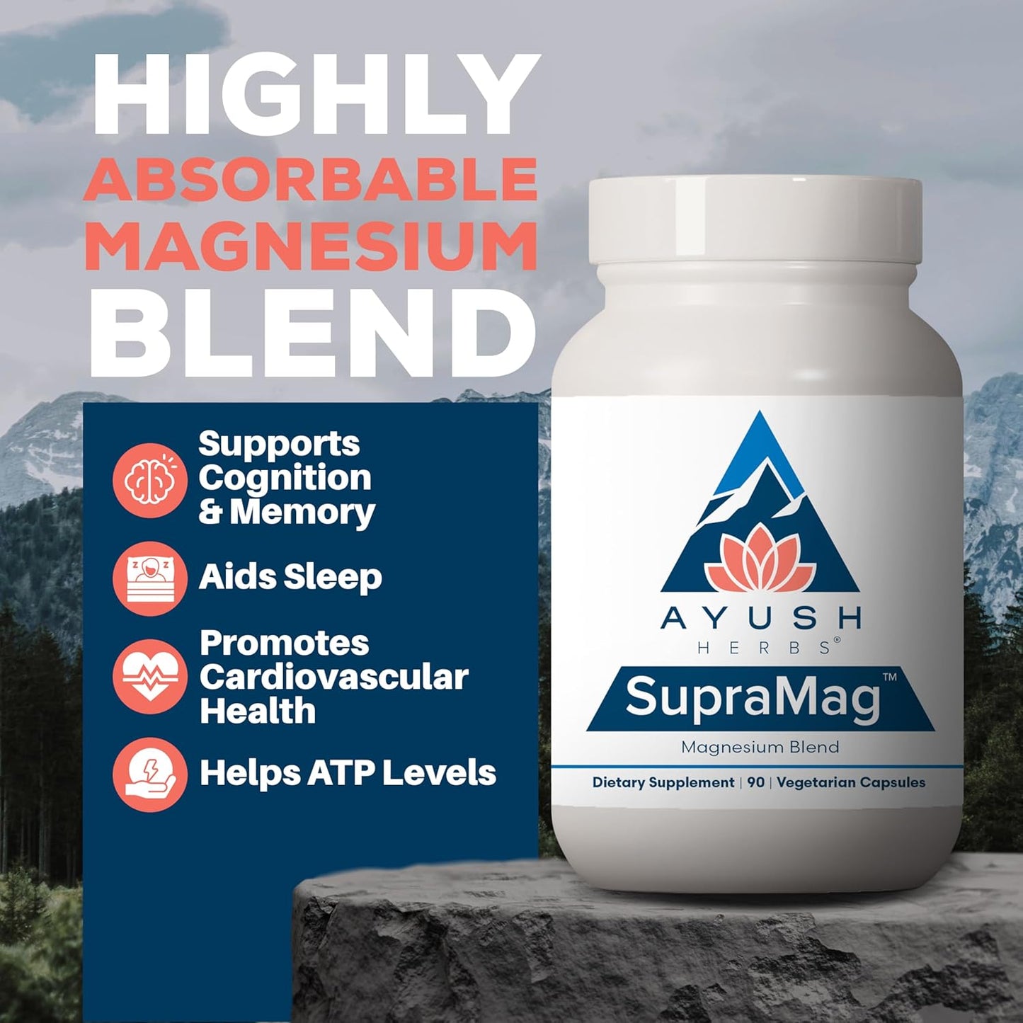 Ayush Herbs SupraMag: Magnesium Blend for Sleep, Stress, Cognitive Support - 90 Vegetarian Capsules
