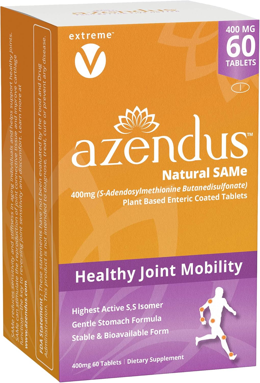 Azendus SAM-e Joint Support Tablets - 400mg, 60 Count - Enteric Coated Fiber Formula