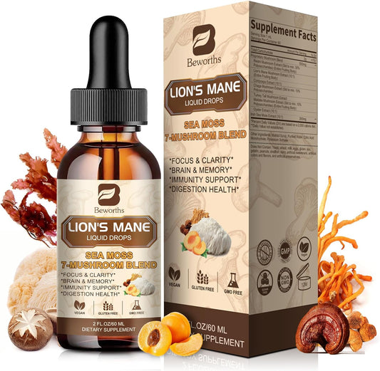 B BEWORTHS Lion's Mane Mushroom Liquid Drops - Immune Support & Memory Boost Vegan Supplement with Sea Moss, Reishi, Cordyceps, and More