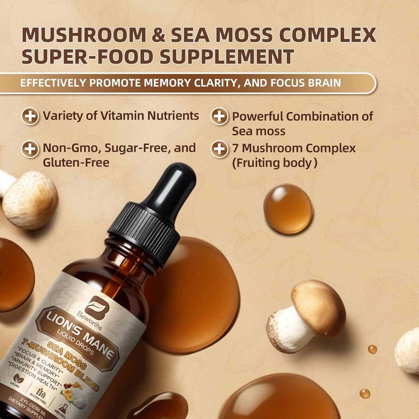 B BEWORTHS Lion's Mane Mushroom Liquid Drops - Immune Support & Memory Boost Vegan Supplement with Sea Moss, Reishi, Cordyceps, and More
