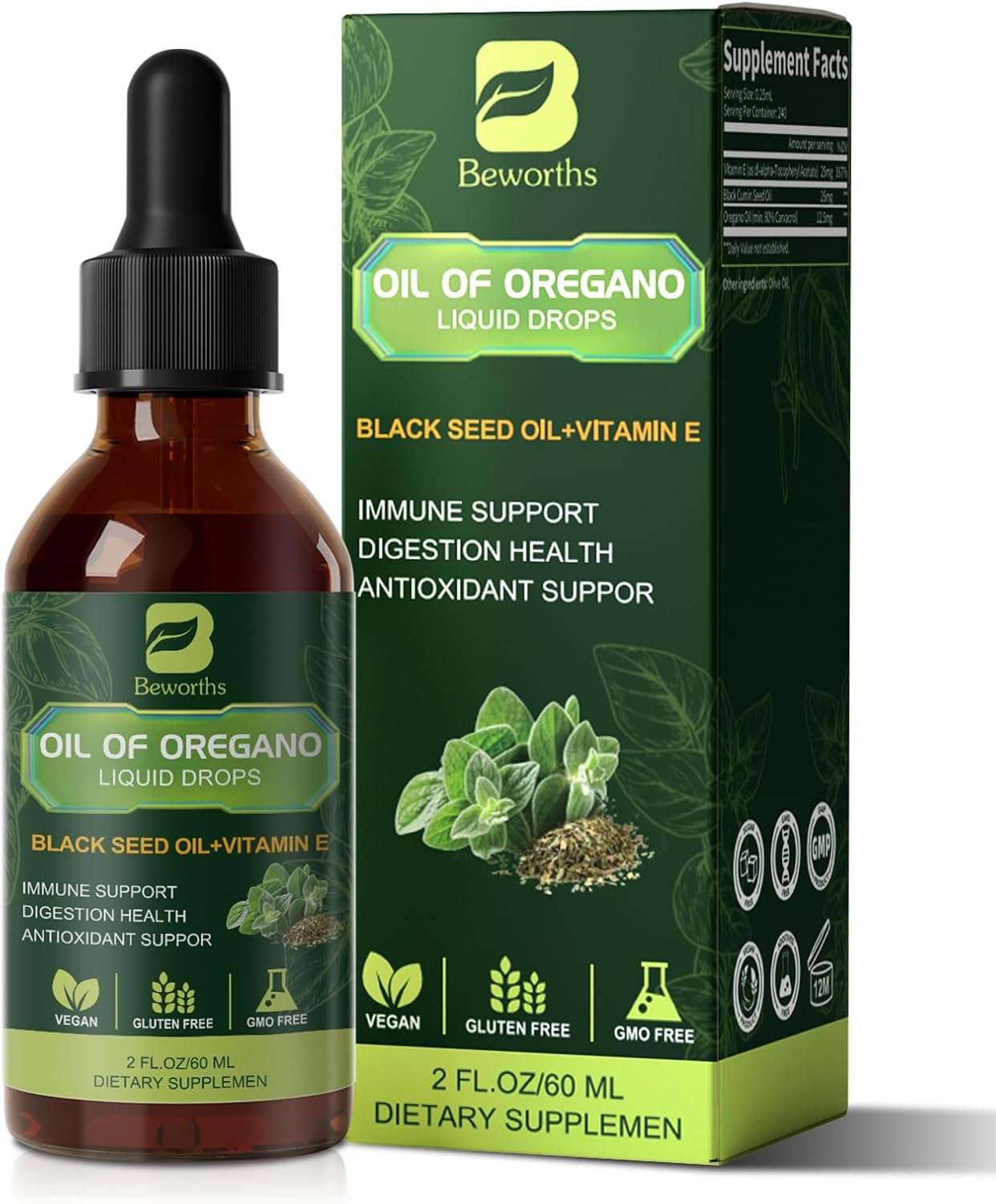 B BEWORTHS Oregano Oil Drops with Black Seed Oil and Vitamin E - Immune Support, Antioxidant Boost, Digestive Health - Vegan, Non-GMO Liquid Herbal Blend
