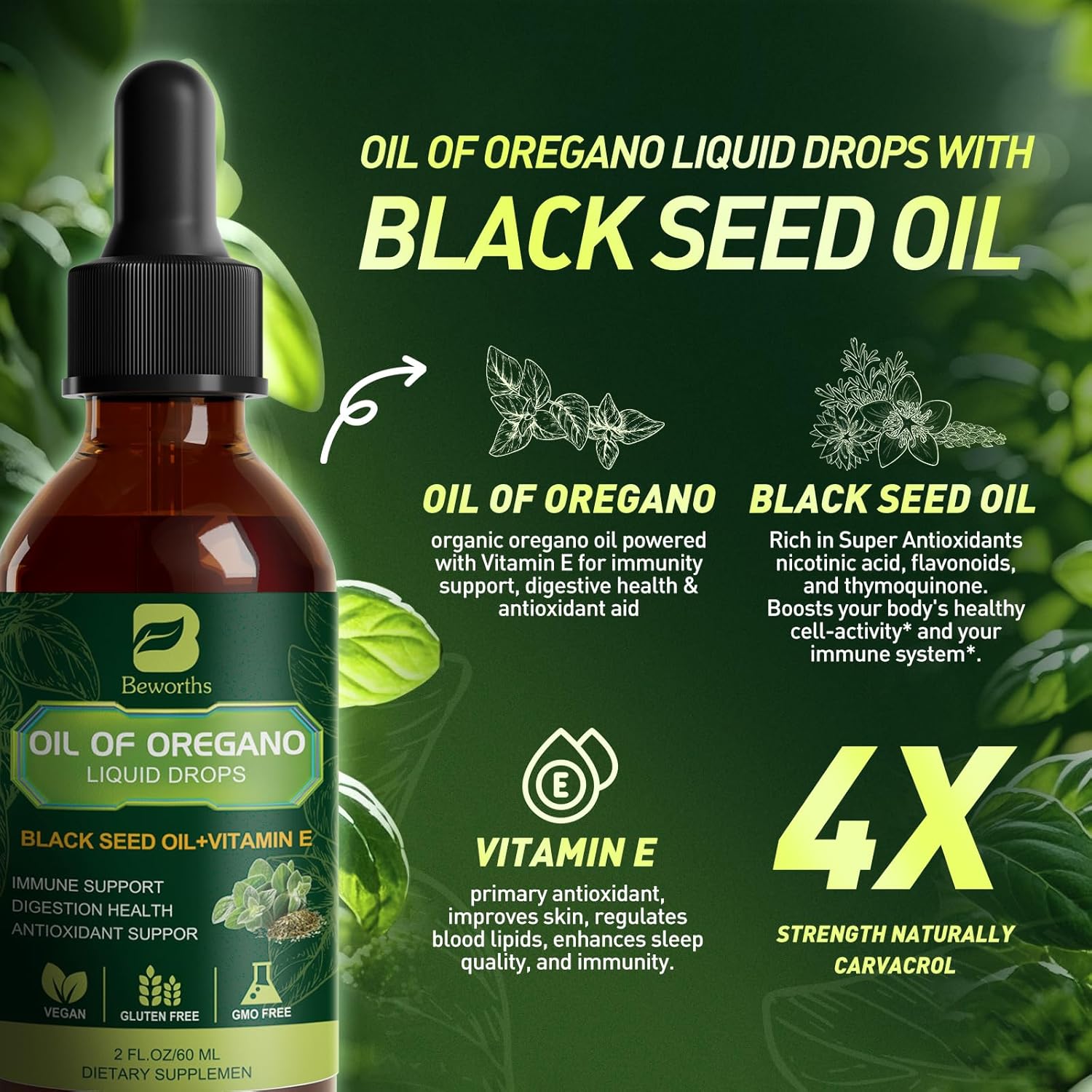 B BEWORTHS Oregano Oil Drops with Black Seed Oil and Vitamin E - Immune Support, Antioxidant Boost, Digestive Health - Vegan, Non-GMO Liquid Herbal Blend