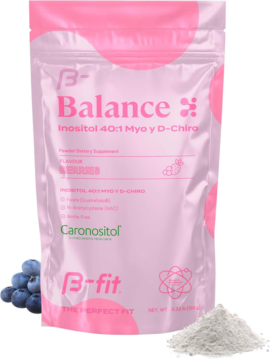 B-FIT B Inositol Balance Powdered Supplement 150g - Berry Flavor - 100% Pure Inositol 40:1 Myo & D-Chiro - Folic Acid - No Additives - Bottle-Free