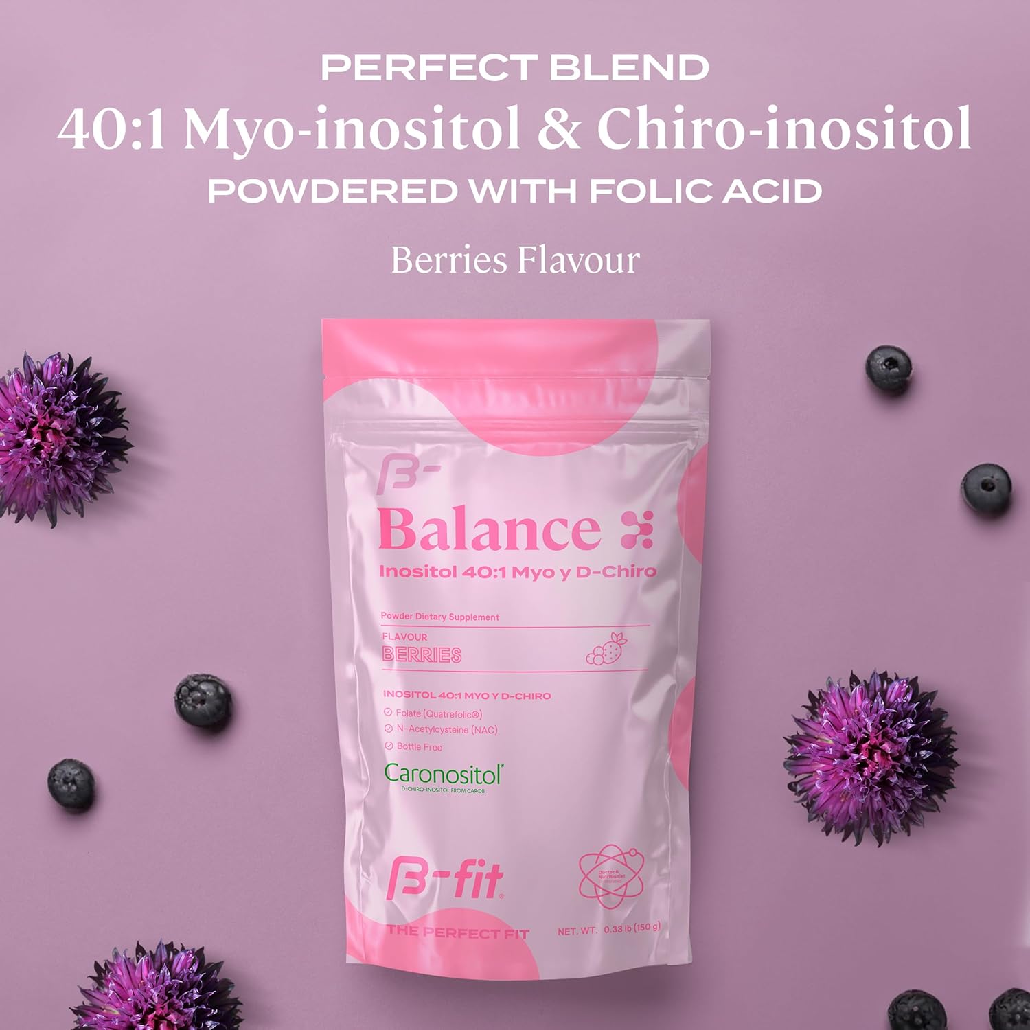B-FIT B Inositol Balance Powdered Supplement 150g - Berry Flavor - 100% Pure Inositol 40:1 Myo & D-Chiro - Folic Acid - No Additives - Bottle-Free