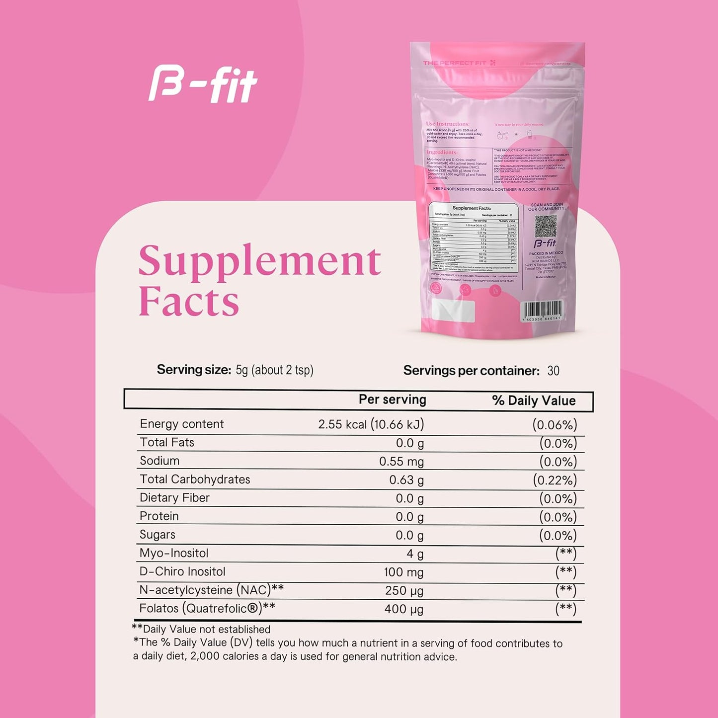 B-FIT B Inositol Balance Powdered Supplement 150g - Berry Flavor - 100% Pure Inositol 40:1 Myo & D-Chiro - Folic Acid - No Additives - Bottle-Free
