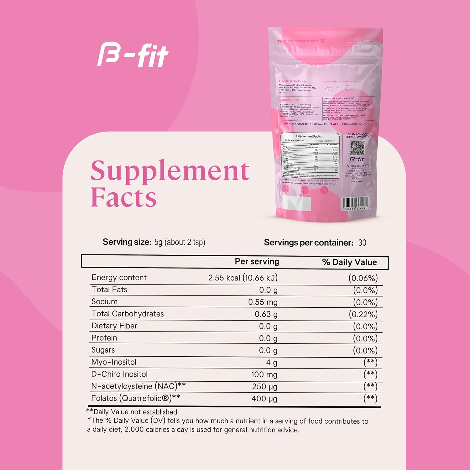B-FIT B Inositol Balance Powdered Supplement 150g - Berry Flavor - 100% Pure Inositol 40:1 Myo & D-Chiro - Folic Acid - No Additives - Bottle-Free