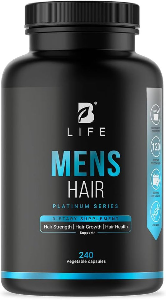 B Life Company Men's Hair Growth Supplement with Biotin, Selenium, Zinc, Collagen, Vitamins A, C, E, B5 and D3 - 240 Capsules - Made in USA.