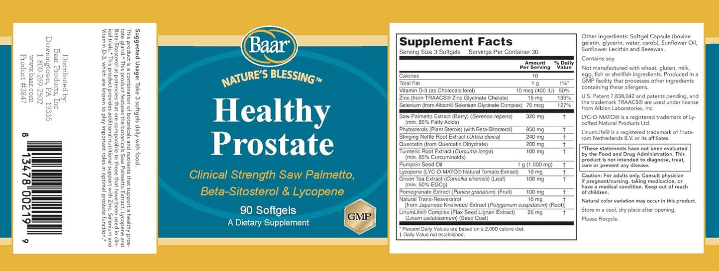 Baar Nature's Blessing Prostate Health Softgels with Saw Palmetto, Beta-Sitosterol, and Lycopene - 90 Softgels