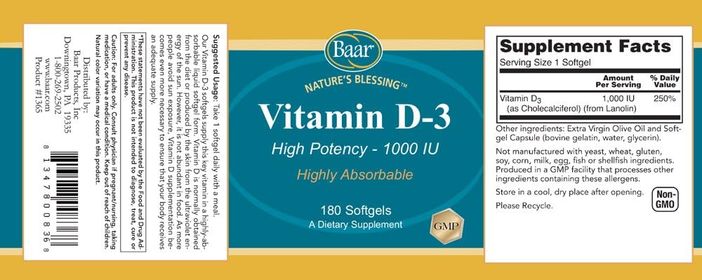 Baar Vitamin D-3 Softgels for Immune Support and Bone Health