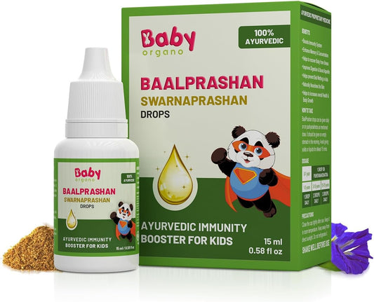 Baby Organo Swarnaprashan Immunity Booster Drops 24CT Gold Enriched for Kids 0-15 Years 15ml - Promotes Healthy Growth & Strength