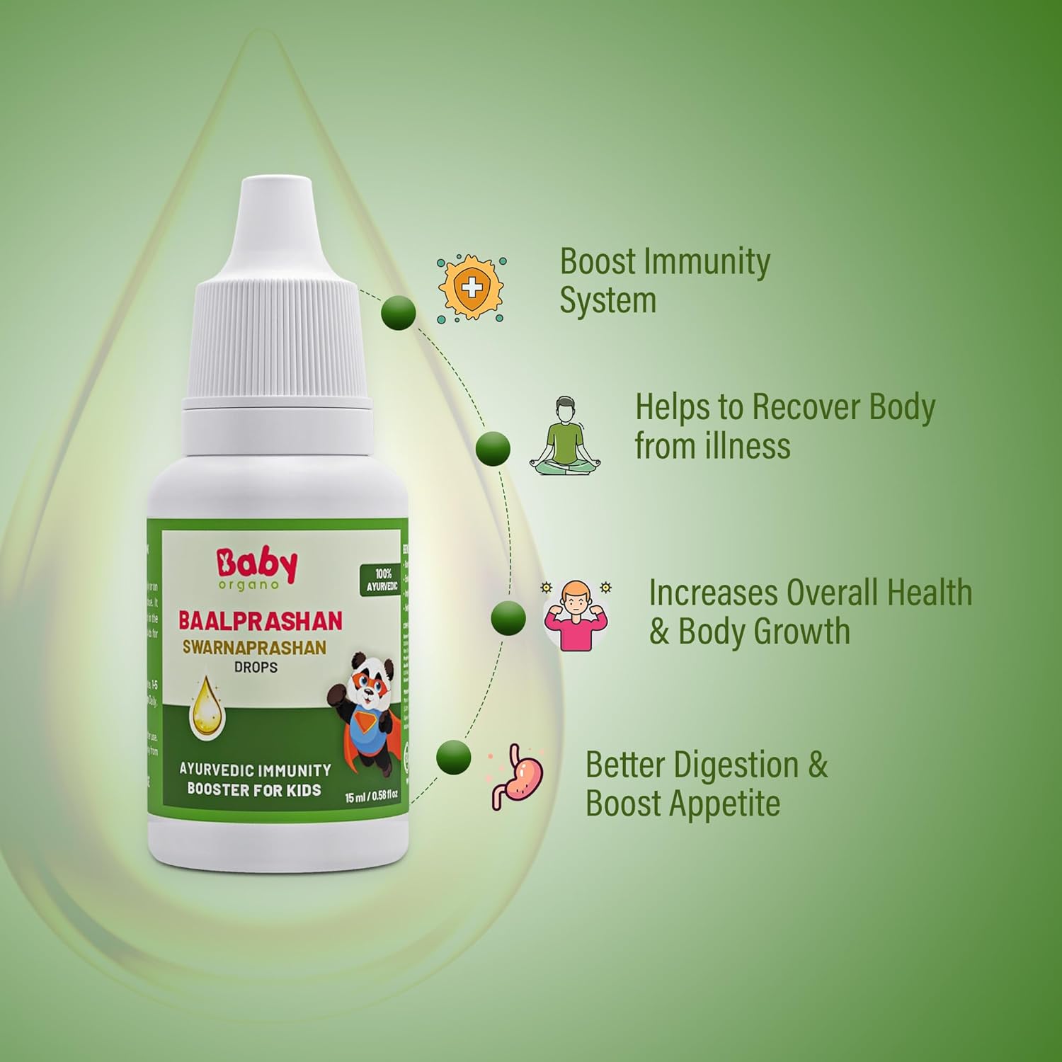 Baby Organo Swarnaprashan Immunity Booster Drops 24CT Gold Enriched for Kids 0-15 Years 15ml - Promotes Healthy Growth & Strength
