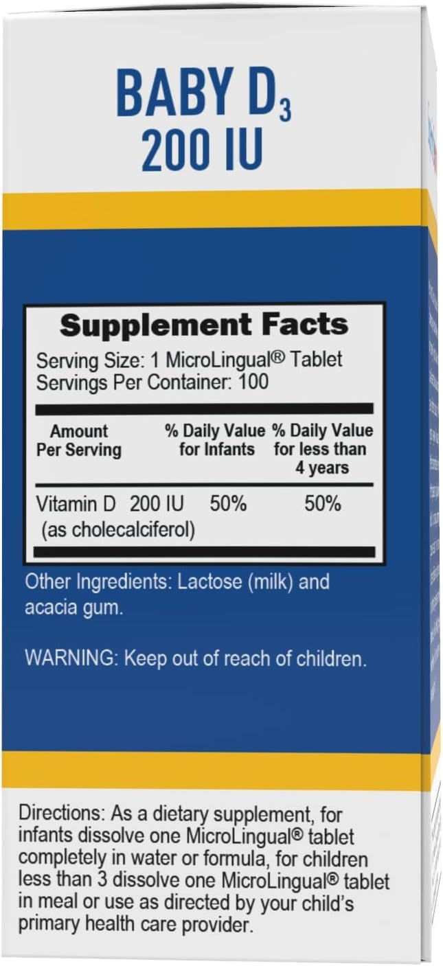 Baby Vitamin D3 200 IU Quick Dissolve Tablets - 100 Count - Supports Bone, Teeth, Muscle & Immune Health - Non-GMO