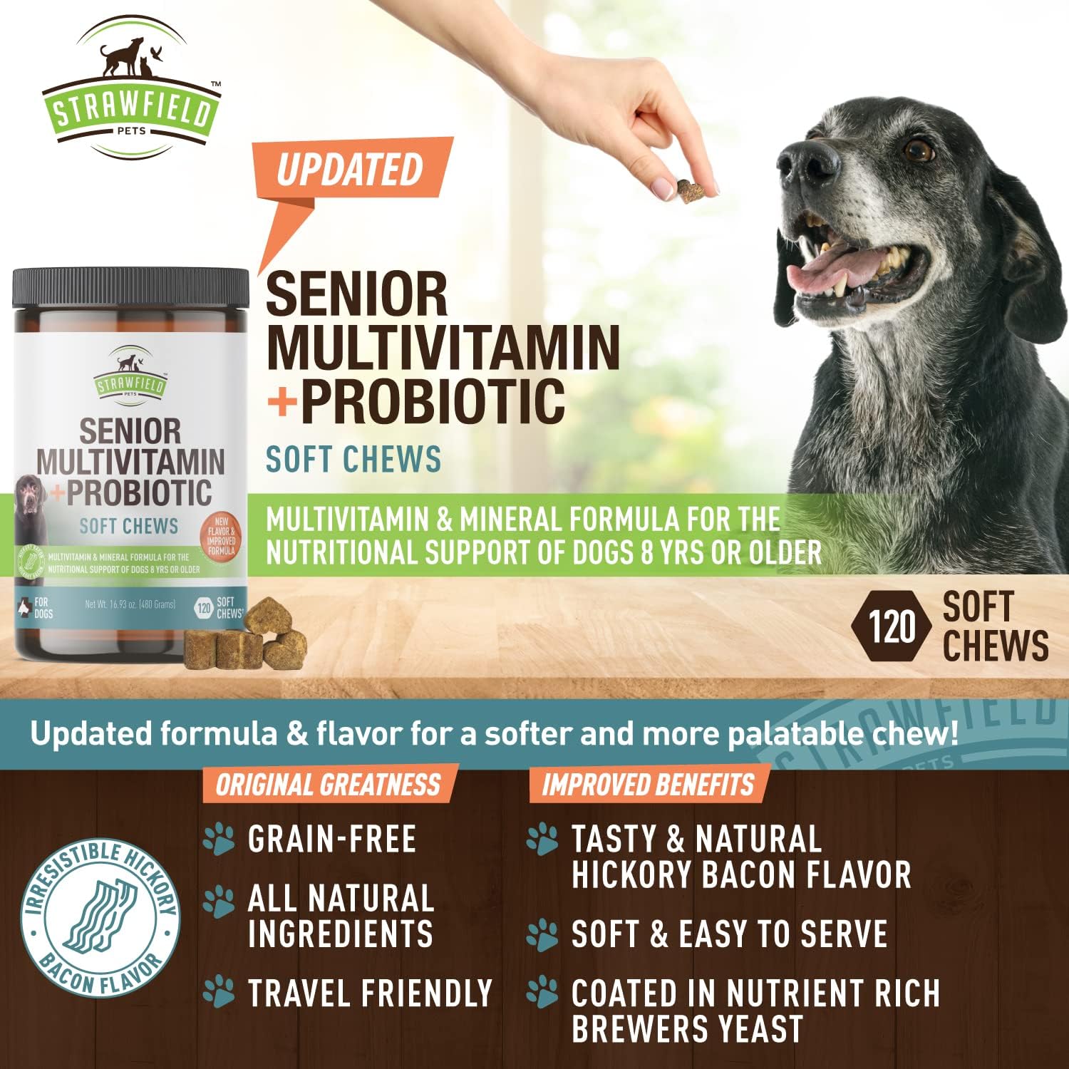 Bacon Flavored Senior Dog Multivitamin with Probiotics & Joint Support - 120 Soft Chews