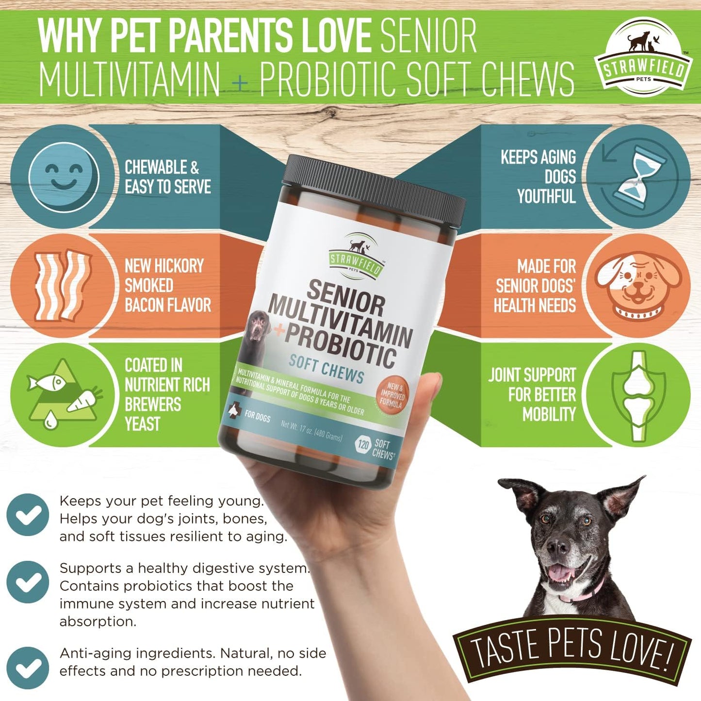 Bacon Flavored Senior Dog Multivitamin with Probiotics & Joint Support - 120 Soft Chews