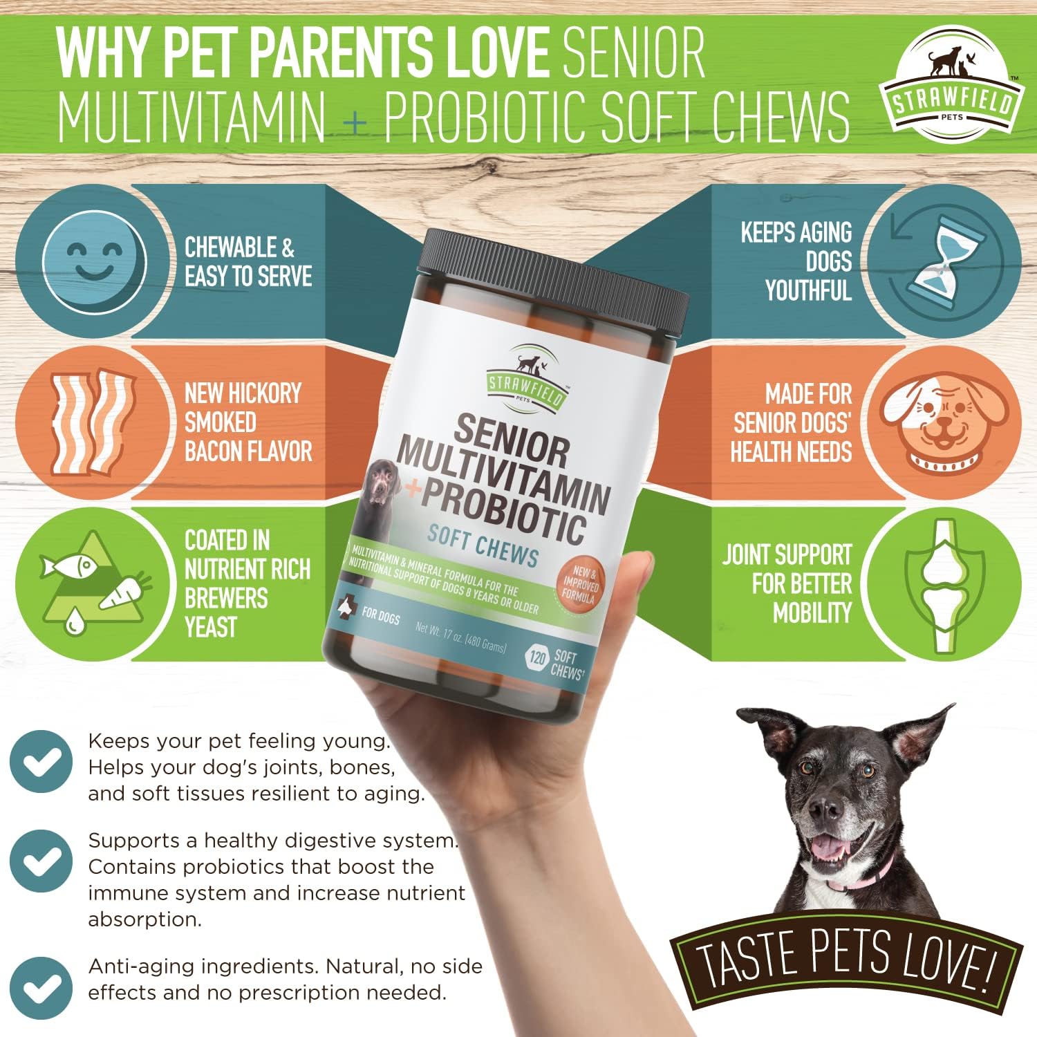 Bacon Flavored Senior Dog Multivitamin with Probiotics & Joint Support - 120 Soft Chews