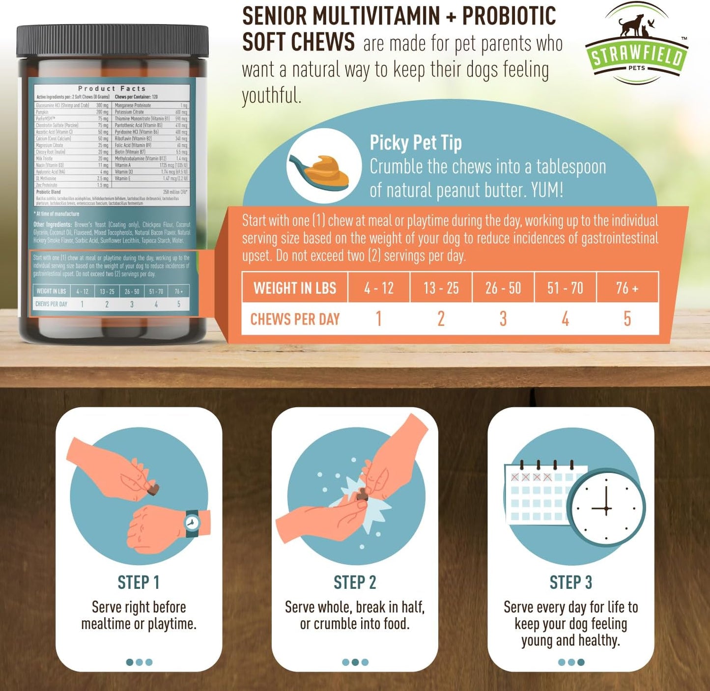 Bacon Flavored Senior Dog Multivitamin with Probiotics & Joint Support - 120 Soft Chews