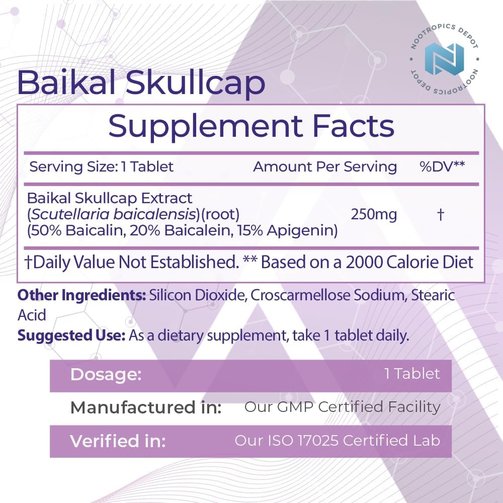 Baikal Skullcap Extract Tablets 250mg | 60 Count | High Apigenin, Baicalein, Baicalin Concentration