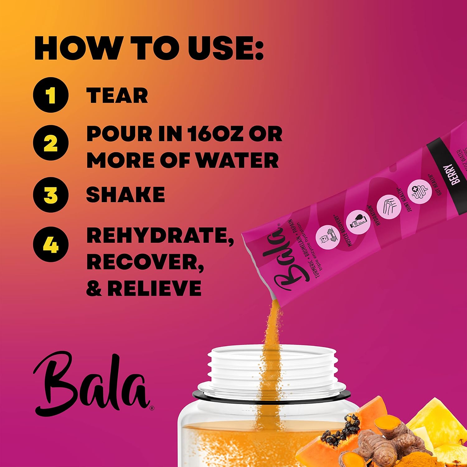 BALA Turmeric Enzyme Electrolyte Powder Packets - Muscle Recovery Post Workout Drink - Sugar Free Keto Hydration Mix for Gut and Joint Support - 10 Pack