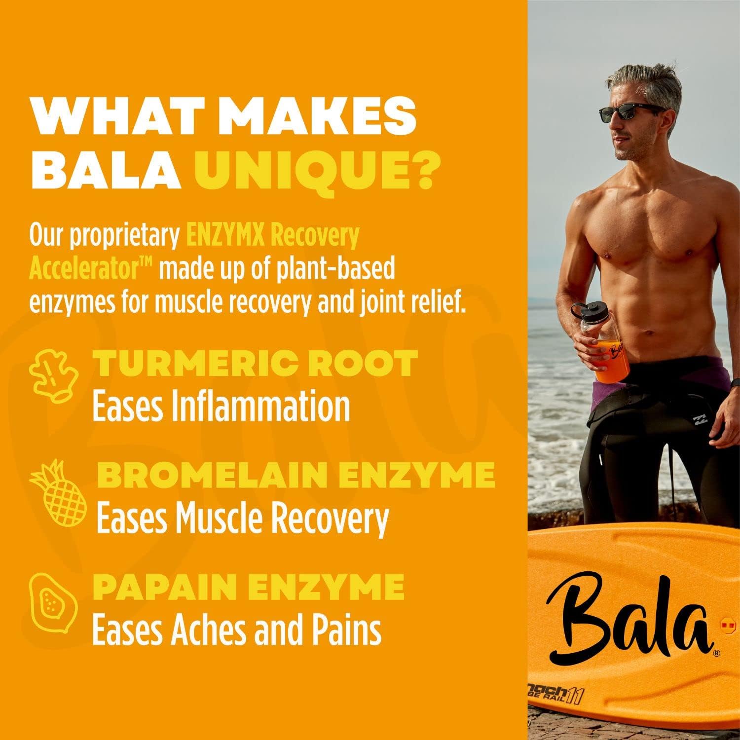 BALA Turmeric Enzyme Electrolyte Powder Packets - Muscle Recovery Post Workout Drink - Sugar Free Keto Hydration Mix for Gut and Joint Support - 10 Pack