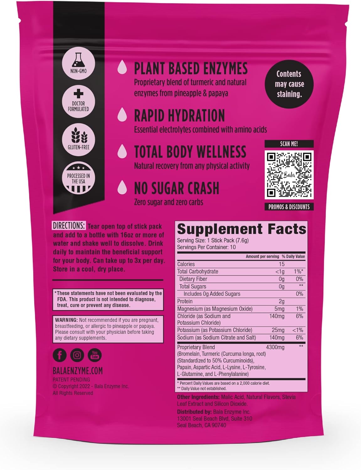 BALA Turmeric Enzyme Electrolyte Powder Packets - Muscle Recovery Post Workout Drink - Sugar Free Keto Hydration Mix for Gut and Joint Support - 10 Pack