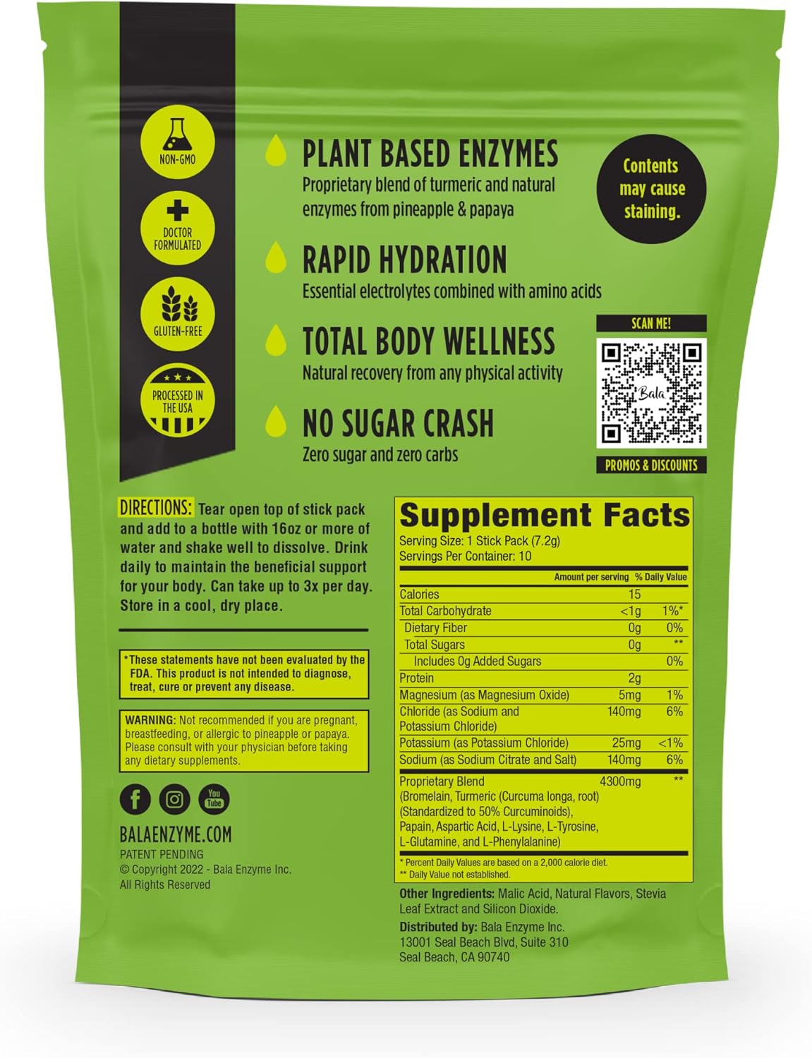 BALA Turmeric Enzyme Electrolyte Powder Packets - Muscle Recovery Post Workout Drink - Sugar Free Keto Hydration Mix for Gut and Joint Support - 10 Pack