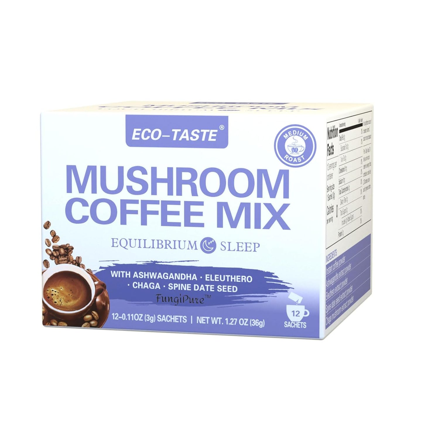 Balance Your Day with ECO-TASTE Mushroom Coffee Mix Infused with Ashwagandha, Eleuthero, Chaga, and Spine Date Seed - 12 Sachets