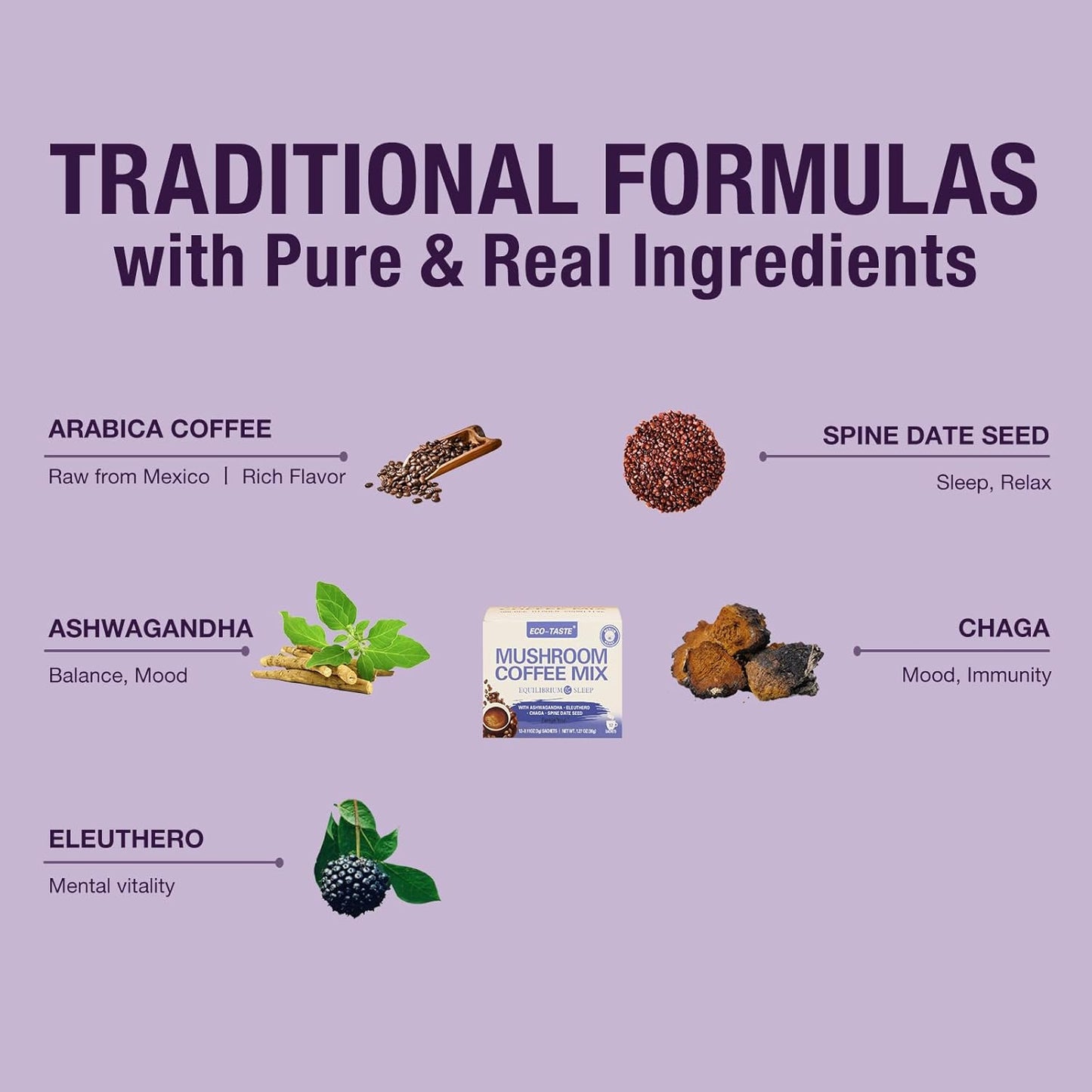 Balance Your Day with ECO-TASTE Mushroom Coffee Mix Infused with Ashwagandha, Eleuthero, Chaga, and Spine Date Seed - 12 Sachets