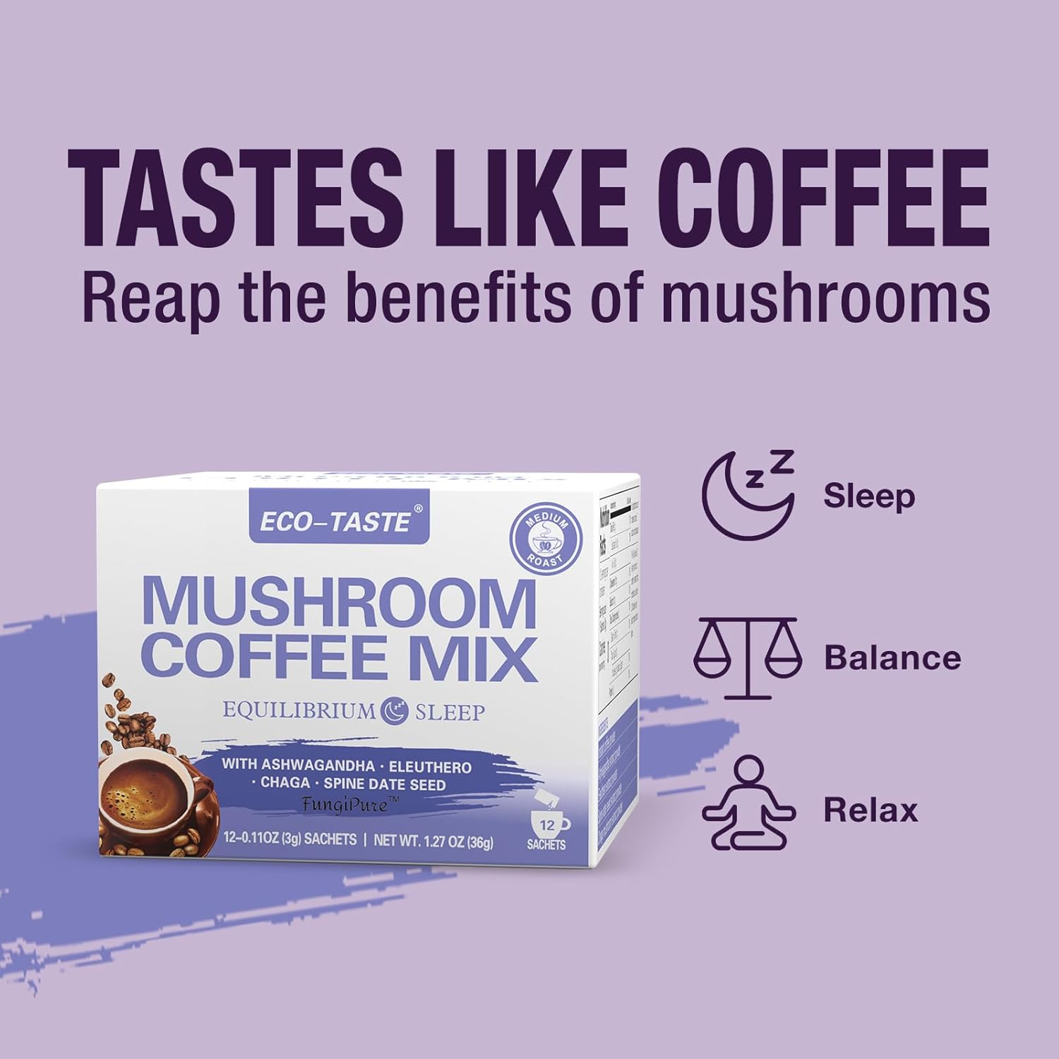 Balance Your Day with ECO-TASTE Mushroom Coffee Mix Infused with Ashwagandha, Eleuthero, Chaga, and Spine Date Seed - 12 Sachets