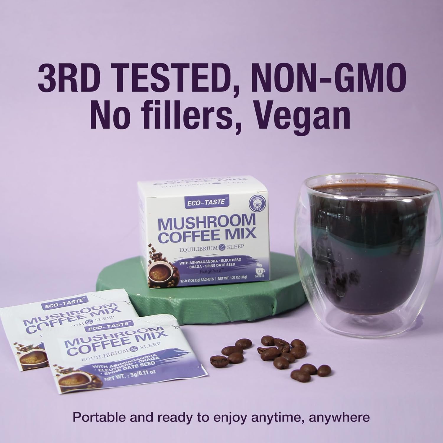 Balance Your Day with ECO-TASTE Mushroom Coffee Mix Infused with Ashwagandha, Eleuthero, Chaga, and Spine Date Seed - 12 Sachets