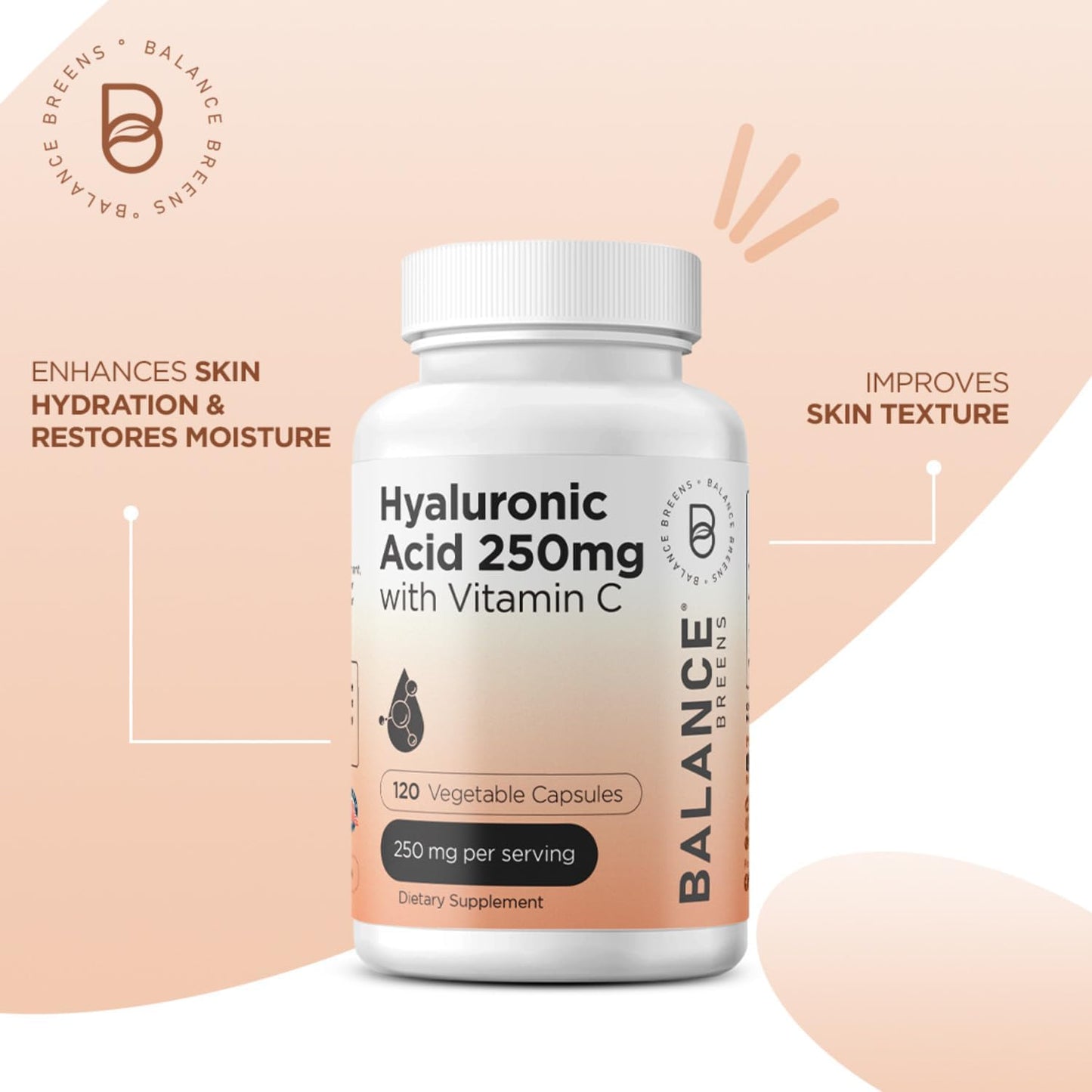 Balancebreens Hyaluronic Acid & Vitamin C Supplement with Immunity-Boosting Olive Leaf & Quercetin - 400mg Formula