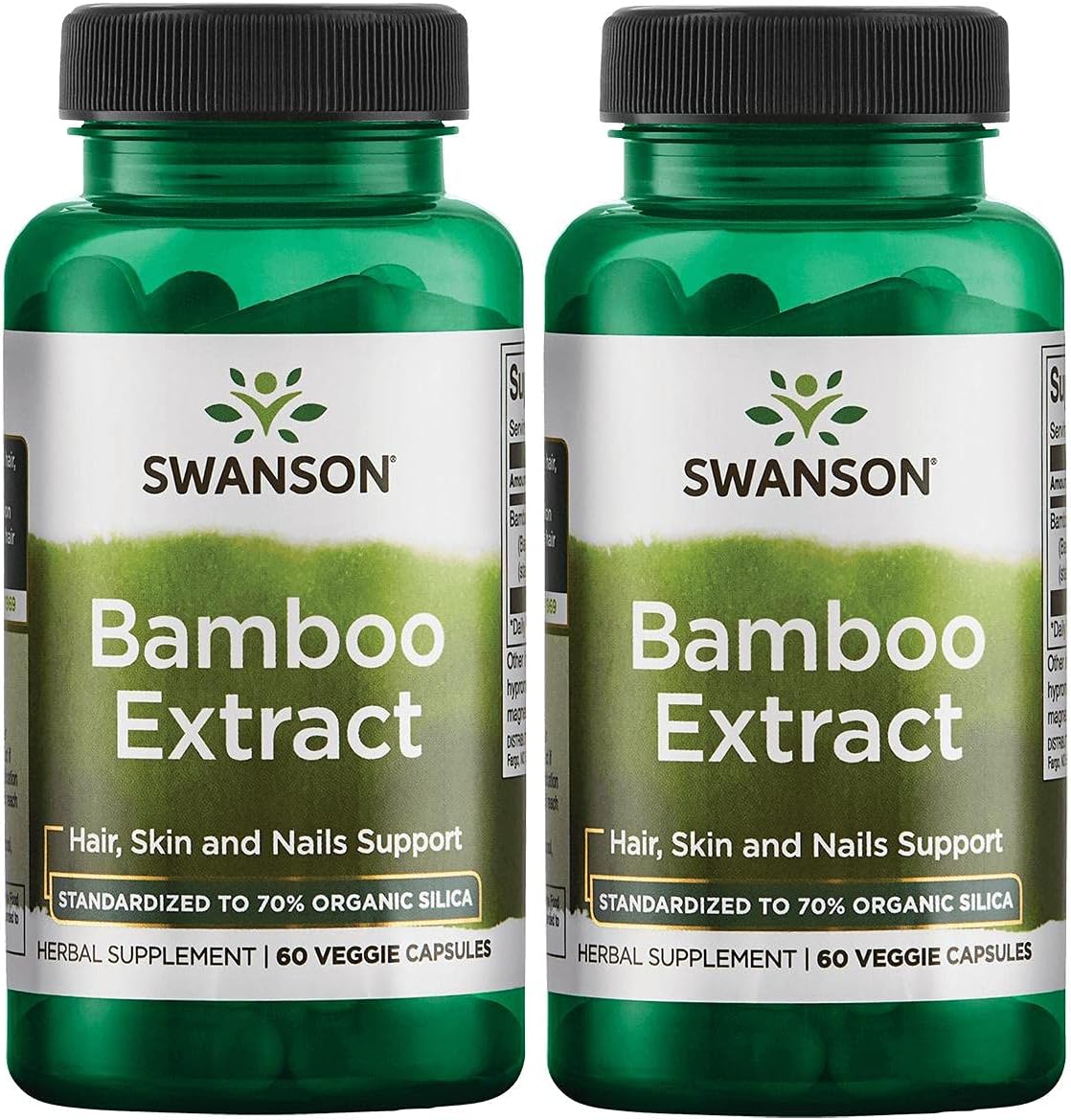 Bamboo Extract Supplement for Hair, Skin, and Nails - High Silica Content for Collagen and Bone Health - 2 Pack of 60 Veggie Capsules, 300mg Each