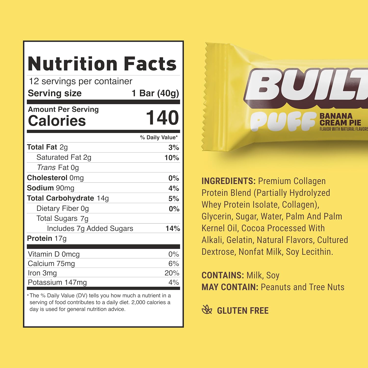 Banana Cream Pie Puff Protein Bars - 12 Bars, 17g Protein, Gluten Free & Low Sugar Built Bar Snacks
