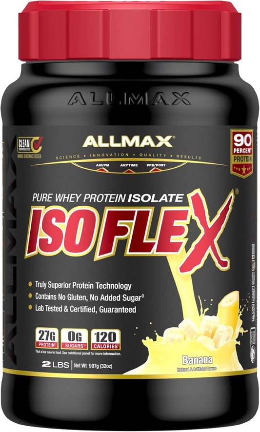 Banana Flavored ALLMAX Nutrition ISOFLEX Whey Protein Isolate - 2 lb Tub - 27g Protein Per Scoop - Zero Fat & Sugar - 99% Lactose Free - Gluten & Soy Free - 30 Servings