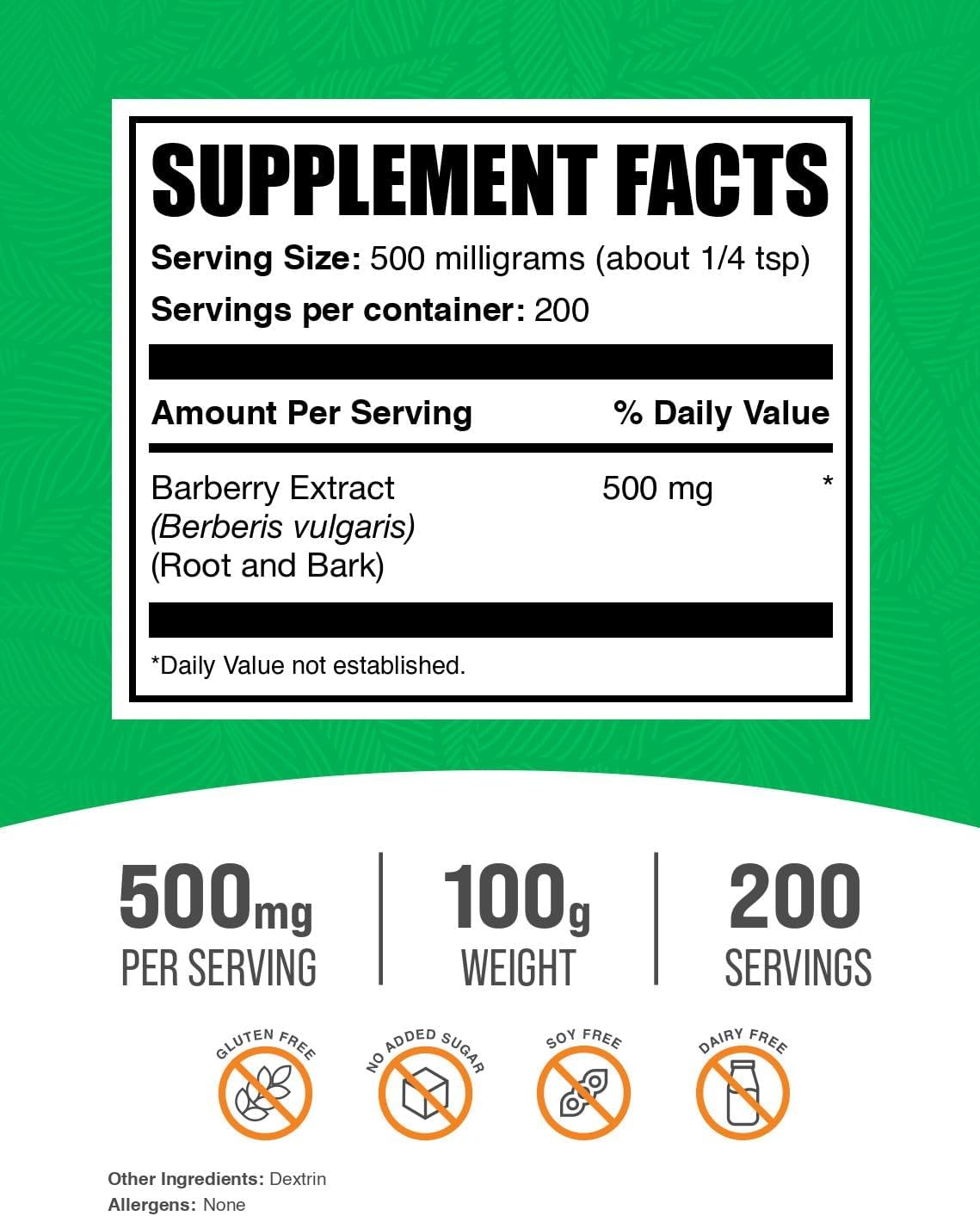 Barberry Extract Powder - Herbal Supplement, Gluten Free, 500mg per Serving, 100g (3.5 oz) - BulkSupplements.com